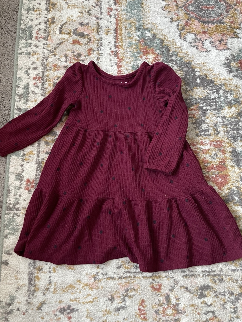 Cat & Jack Burgundy Long-Sleeve Tiered Dress with Black Dot Details